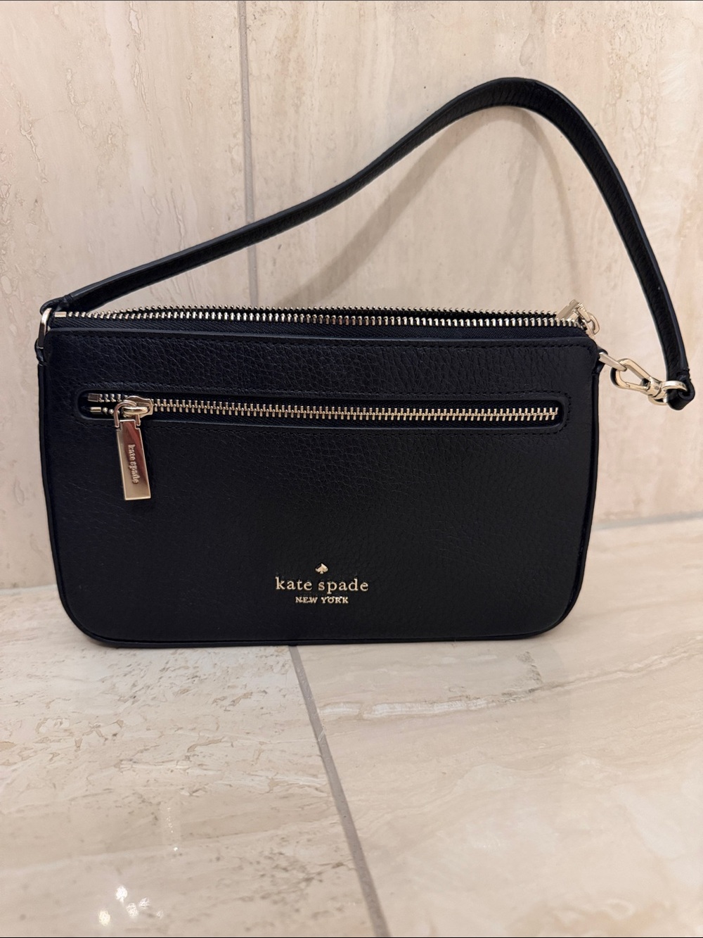 kate spade Black Leather Shoulder Bag with Front Zip